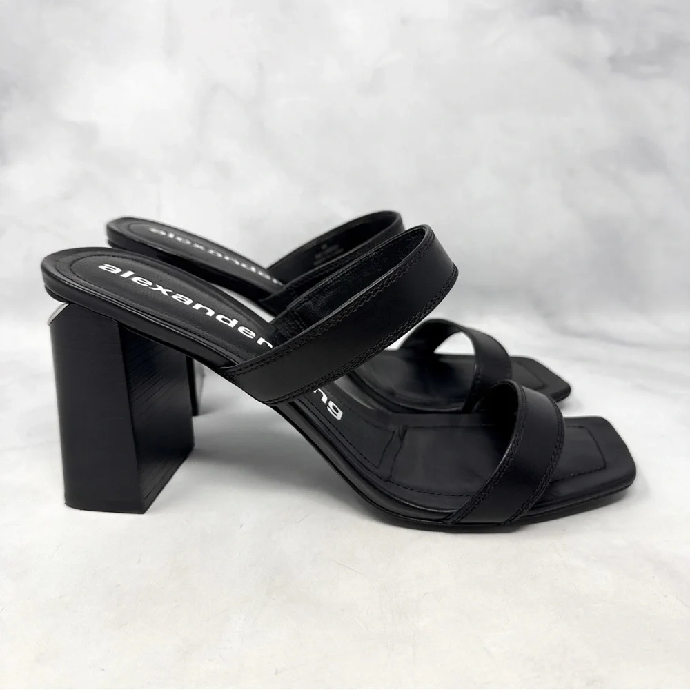 Alexander Wang Hayden Leather Square Toe Minimalist Slide Mule Sandal Heel Black
